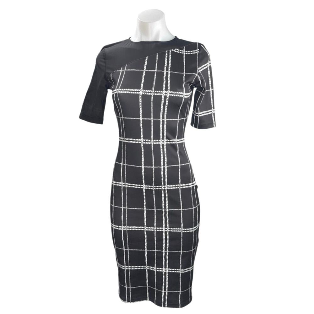 MDS Women's Black Plaid Check Short Sleeve Midi Sheath Pencil Bodycon Dress Sz S